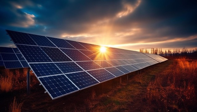 sunset over solar panel in farm shree Laxminath solar power